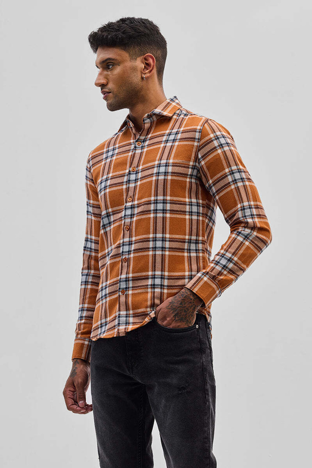 Image of Snitch Men Checkered Casual Orange Shirt