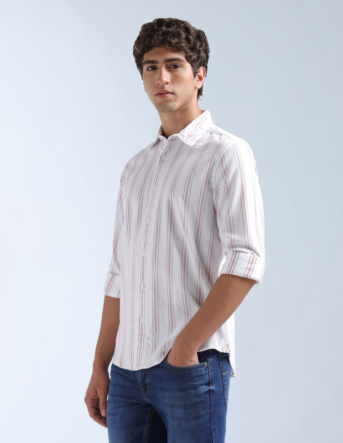 Image of FLYING MACHINE Men Striped Casual White Shirt