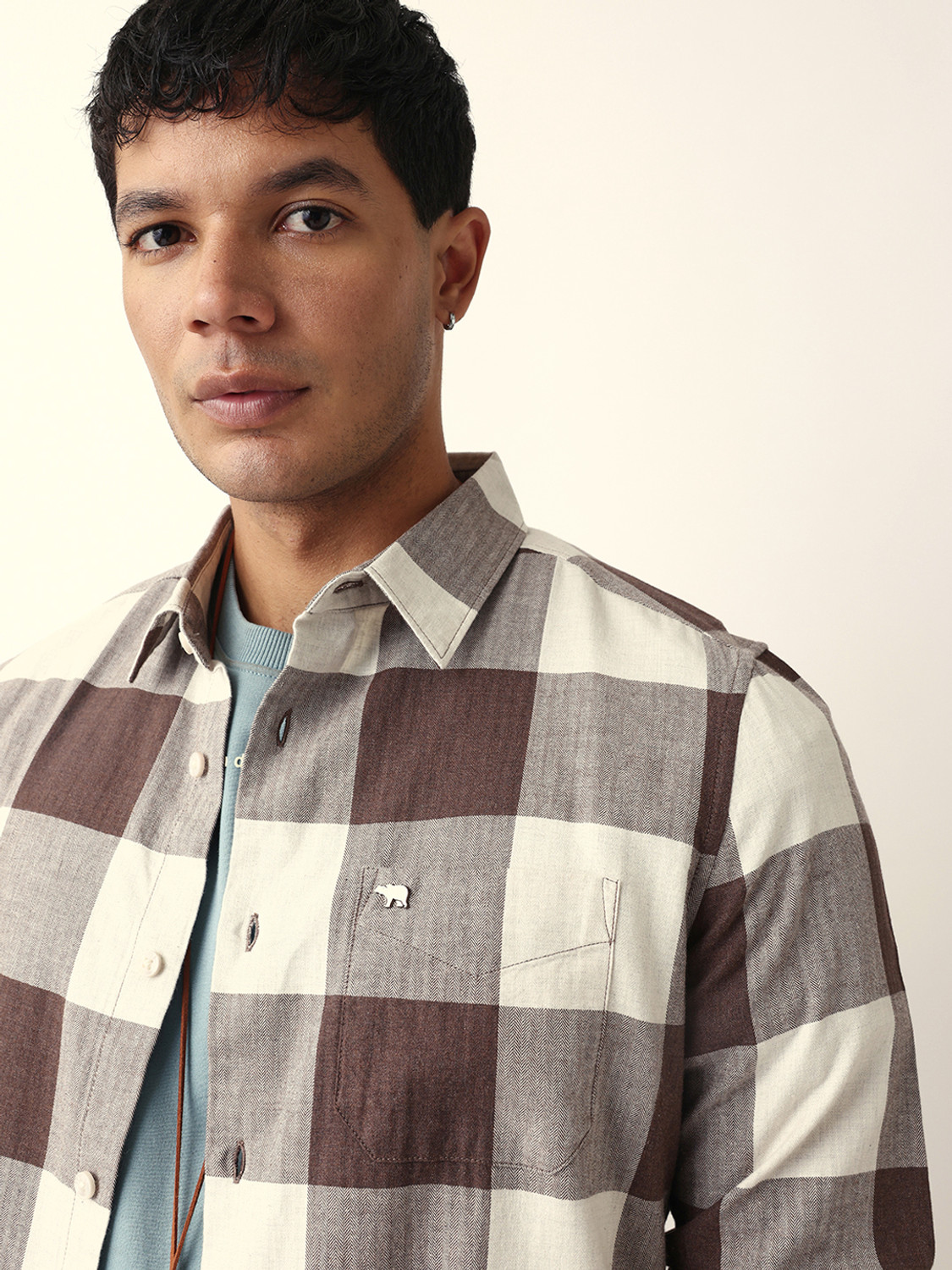 Image of THE BEAR HOUSE Men Checkered Casual Brown Shirt