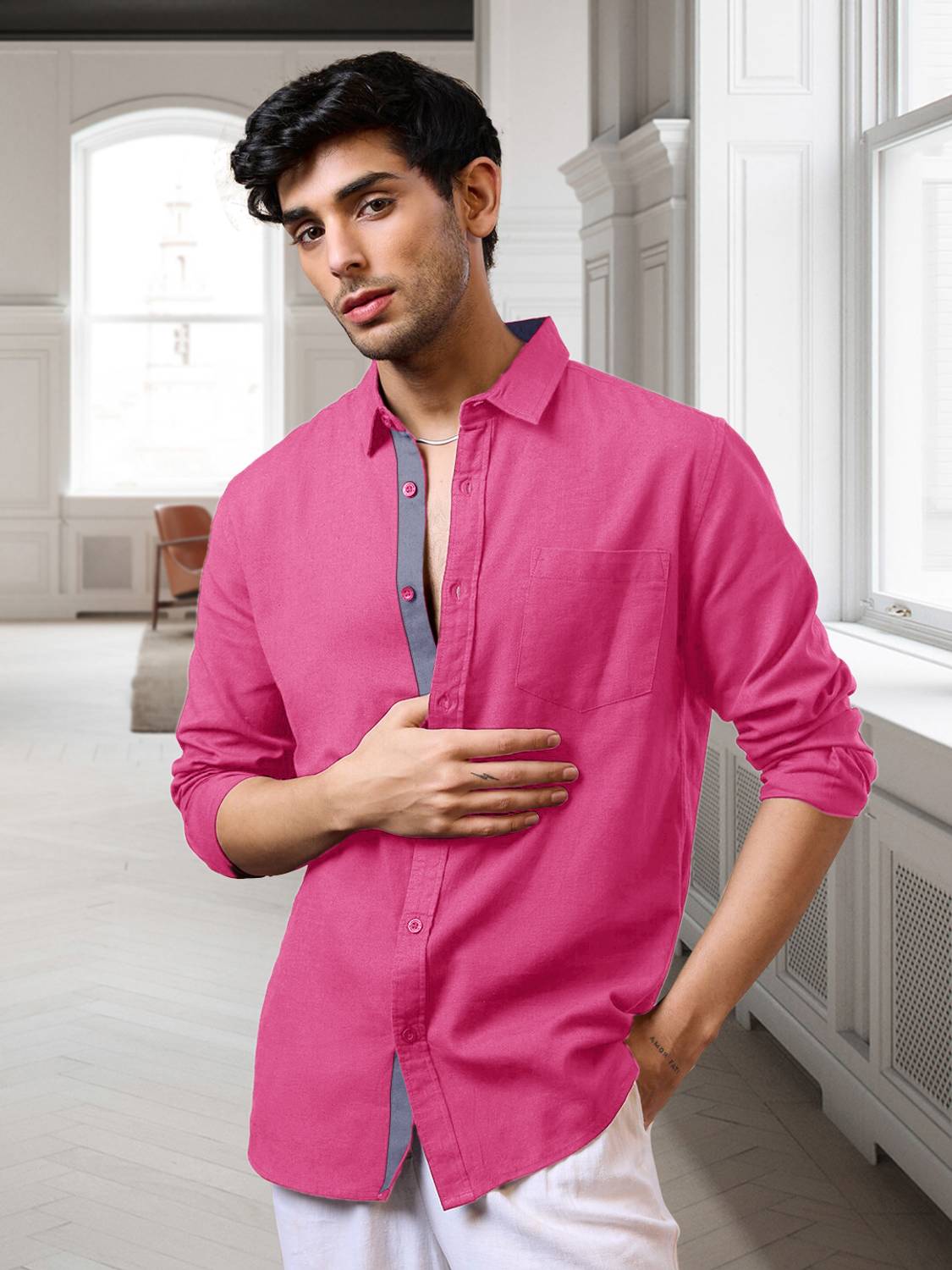7Threads Men Solid Formal Pink Shirt