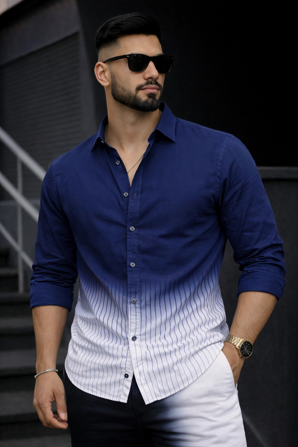 Image of JALVA FAB Men Dyed /Ombre, Striped Party Blue, White Shirt