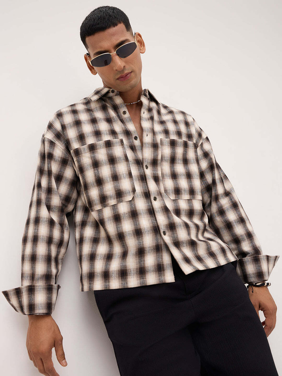 Image of VASTRADO Men Checkered Casual Beige, Brown Shirt