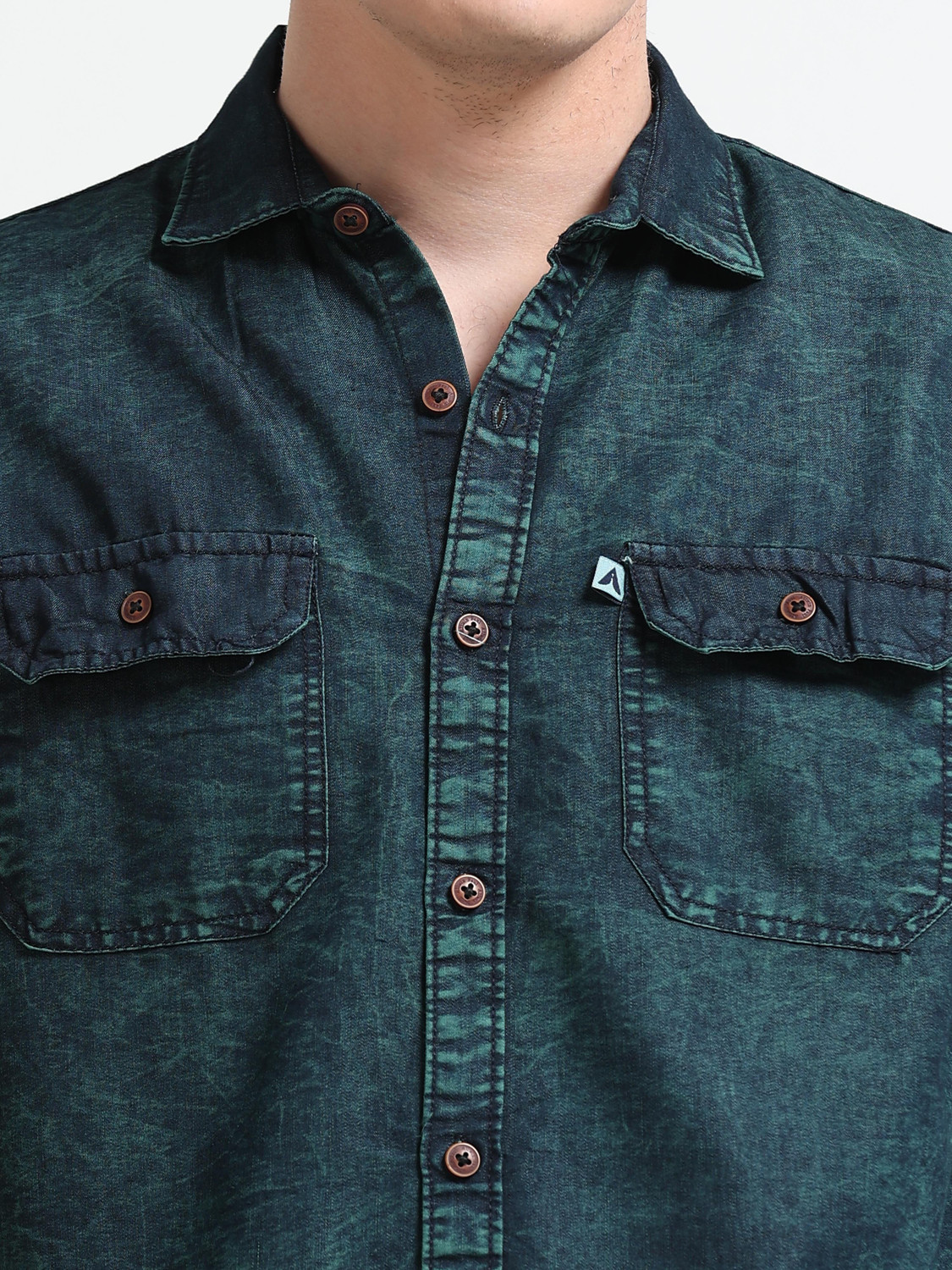 Image of AIDAN PAUL Men Washed Casual Dark Green Shirt