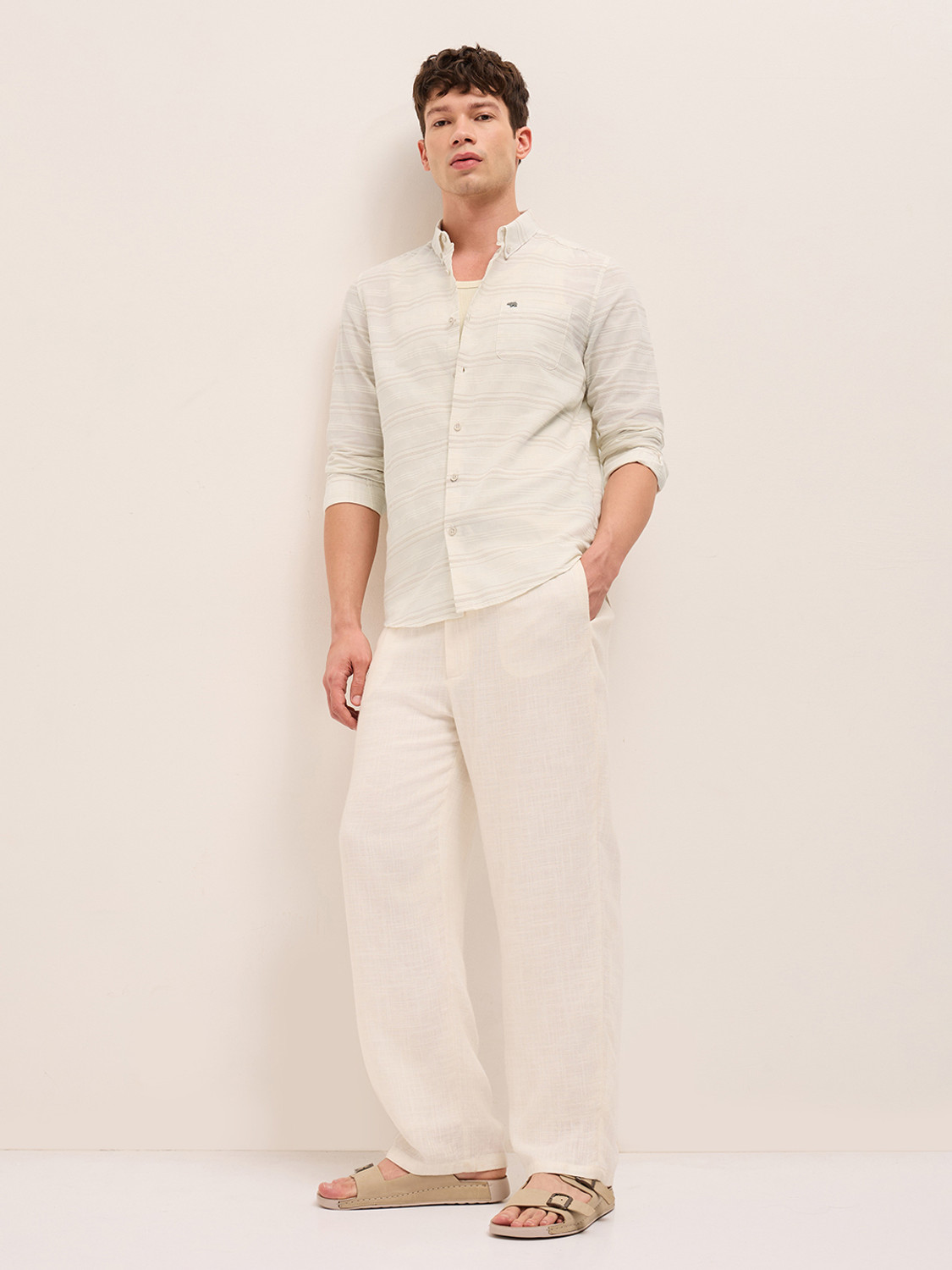 Image of THE BEAR HOUSE Men Striped Casual Beige Shirt