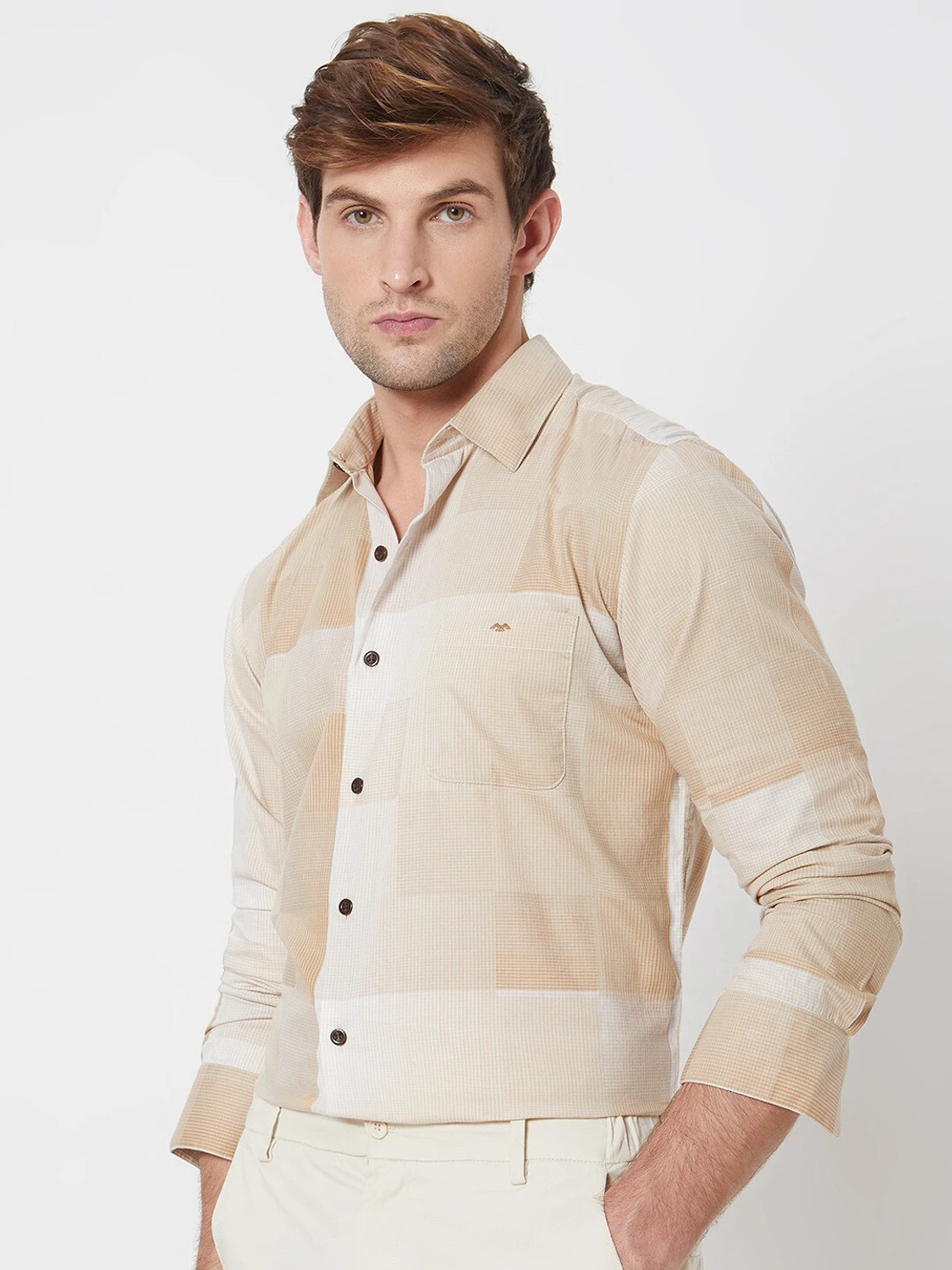 Image of MUFTI Men Checkered Casual White, Beige Shirt