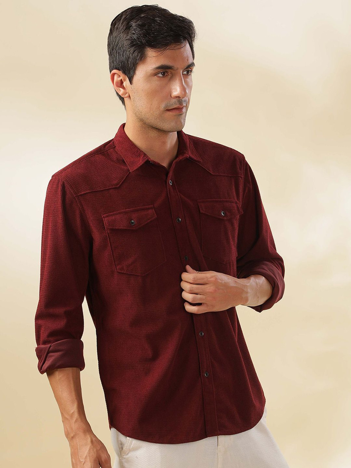 Image of HERE&NOW Men Solid Casual Maroon Shirt