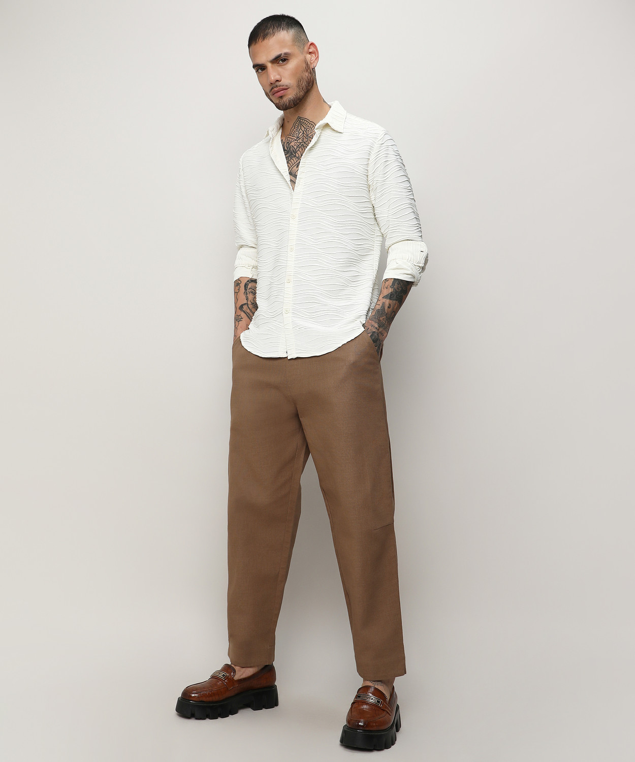 Image of CAHOOT Men Self Design Casual White Shirt