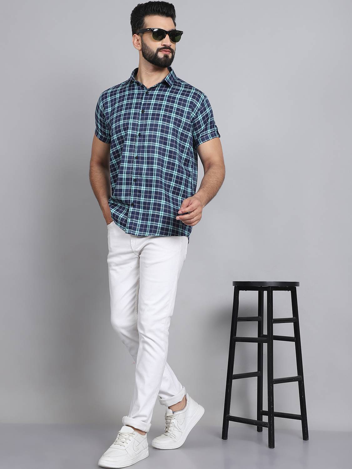 BLEZZA Men Checkered Casual Green, Blue Shirt