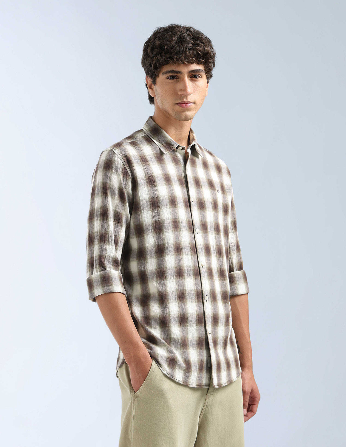 Image of FLYING MACHINE Men Checkered Casual Brown Shirt