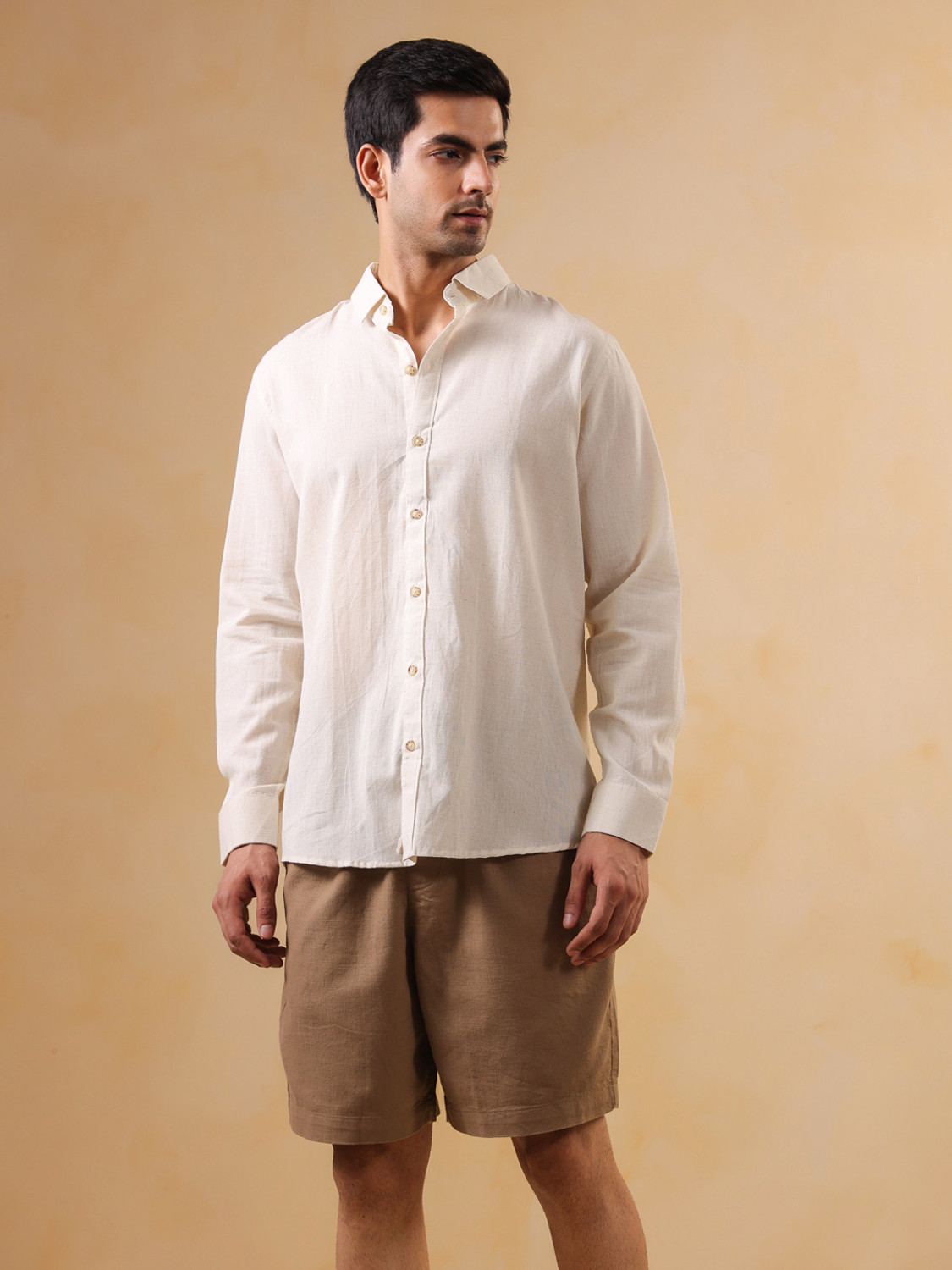 Image of TRULOOM Men Solid Casual Cream, White Shirt