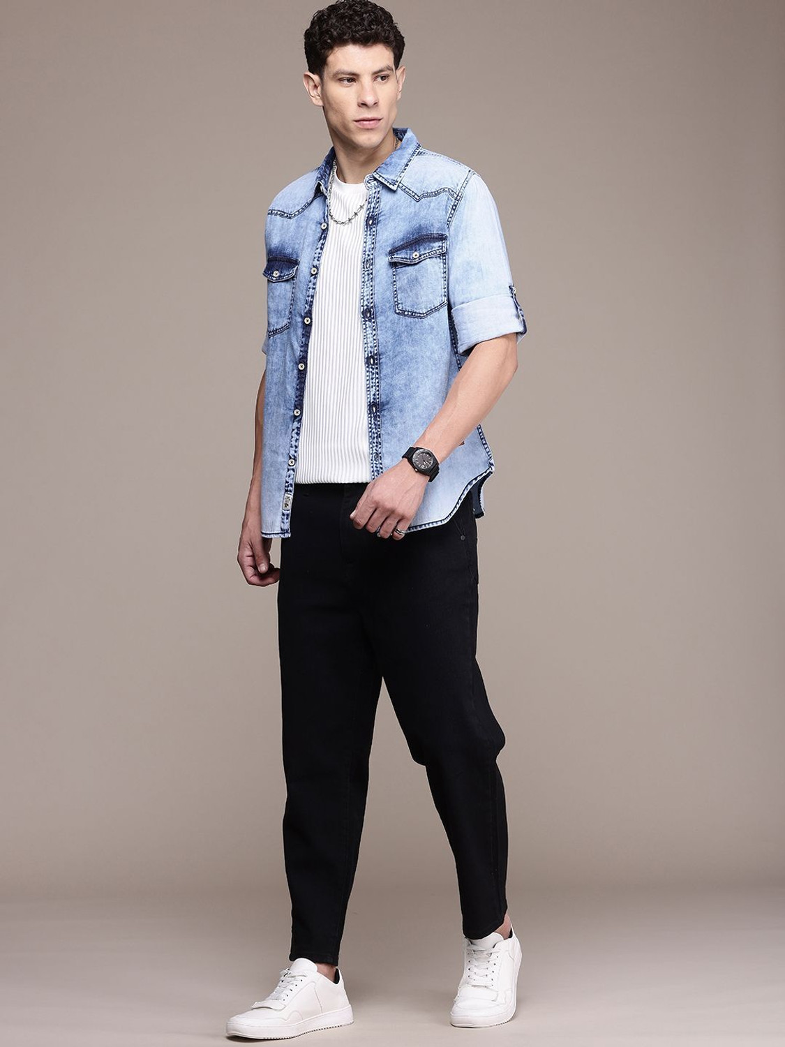 Image of Roadster Men Washed Casual Blue Shirt