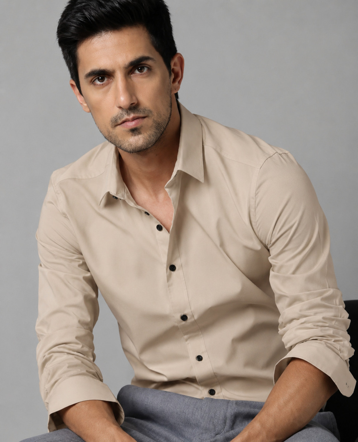 Image of GLOREN Men Solid Casual Cream Shirt