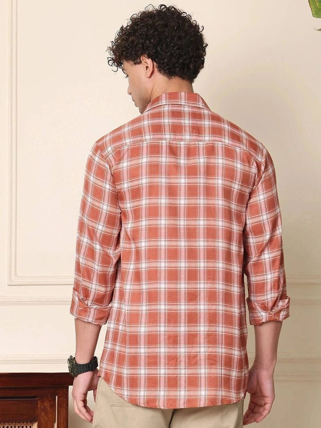 SMARTYFASHION Men Orange Checkered Casual Shirt - Image 2
