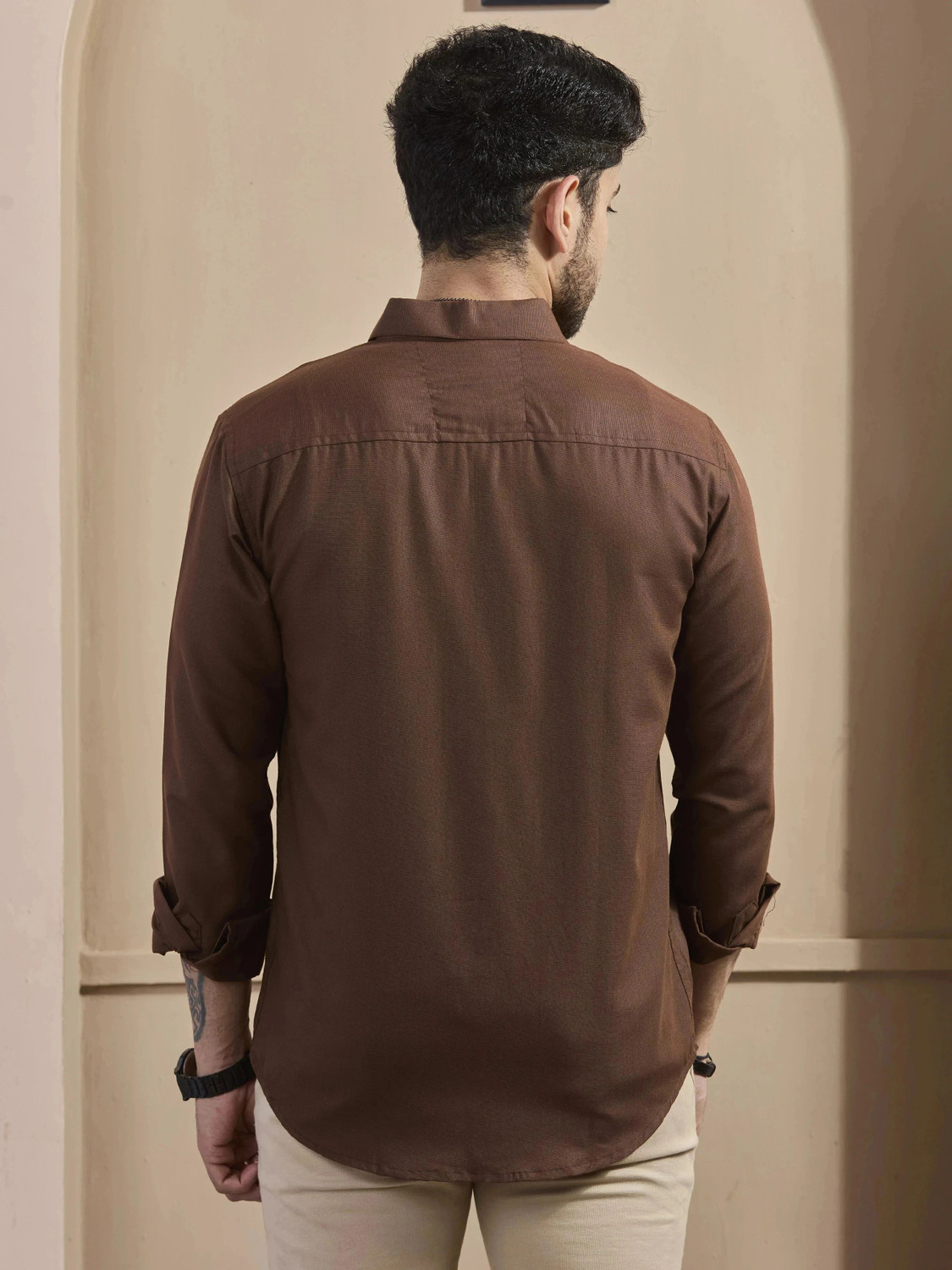 Image of STONEBERG Men Solid Formal Brown Shirt