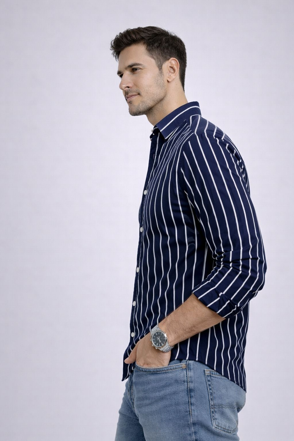 Image of CAMBREEN Men Striped Casual Blue Shirt