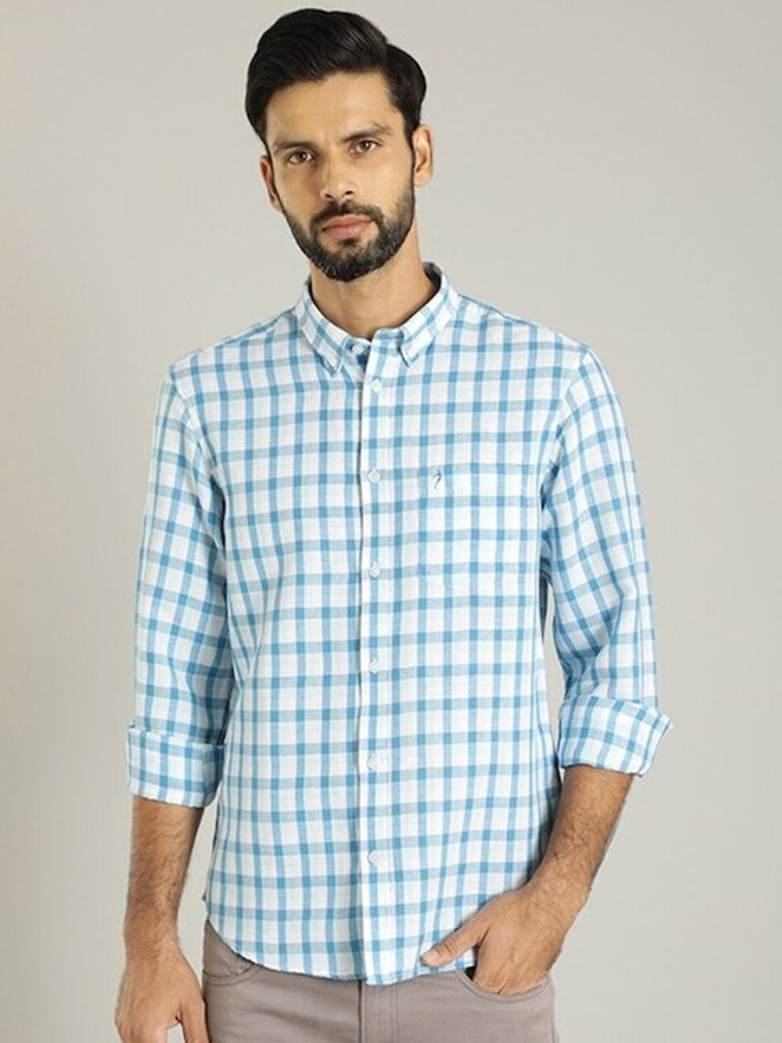 Image of INDIAN TERRAIN Men Checkered Casual Blue Shirt