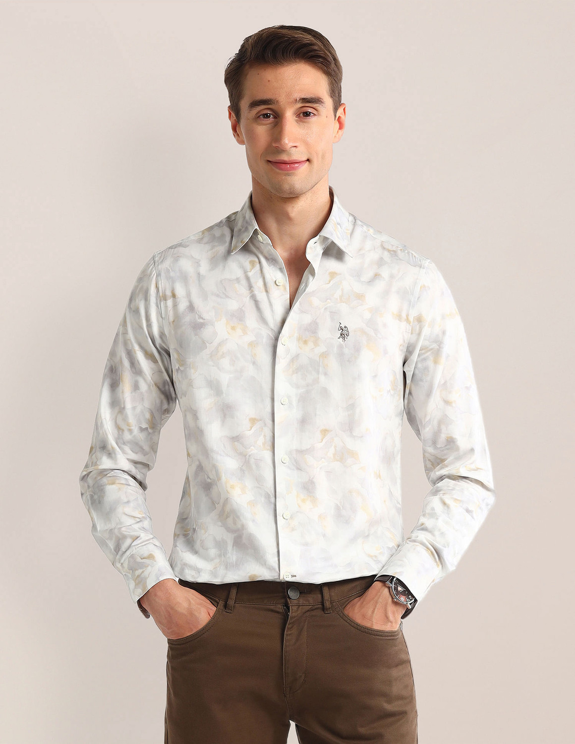 Image of U.S. POLO ASSN. Men Printed Casual Grey Shirt