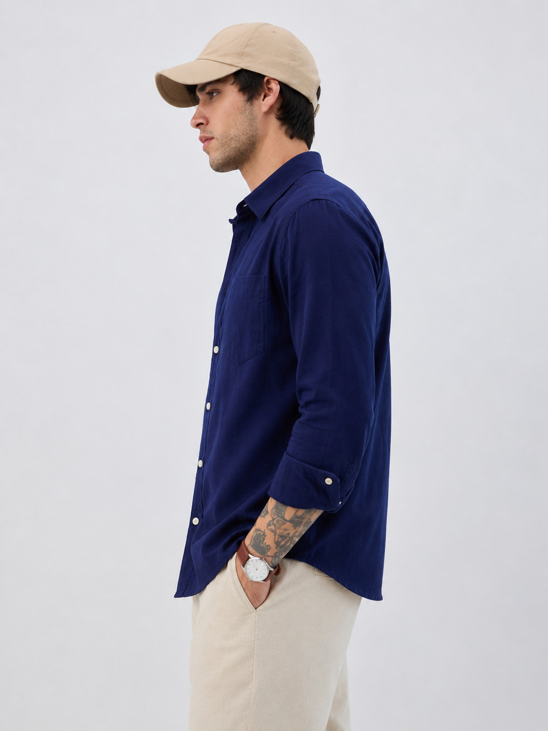 Image of NETTO UOMO Men Solid Casual Dark Blue Shirt