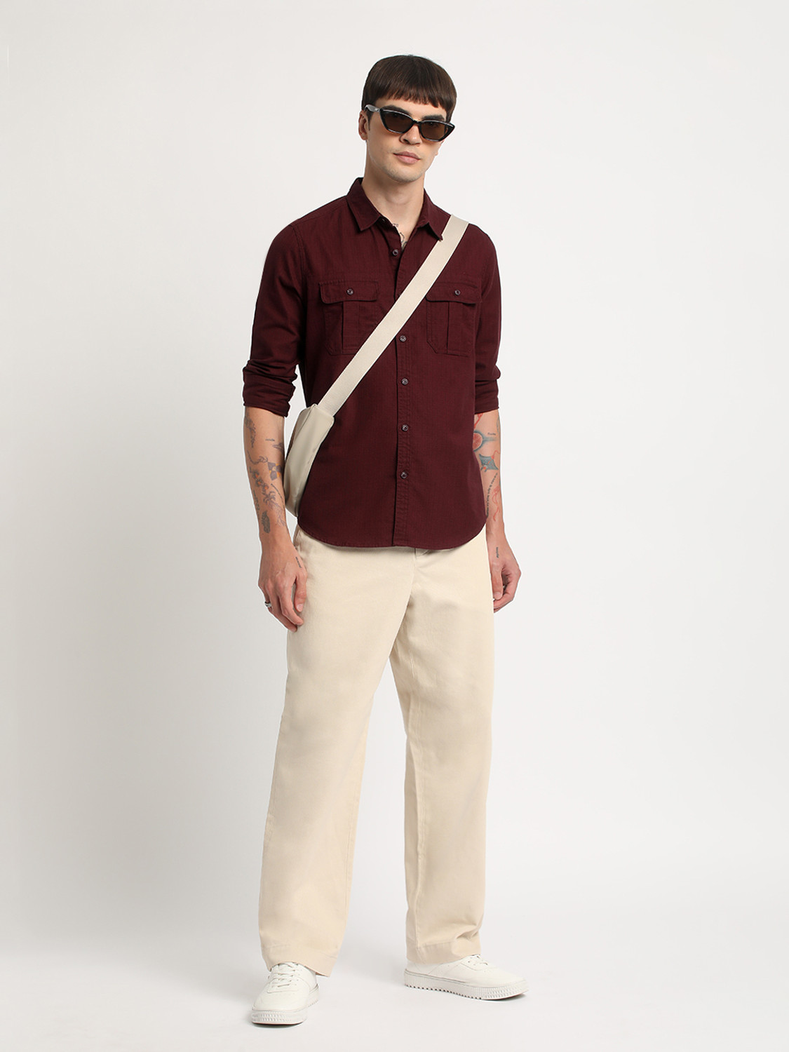 Image of THE BEAR HOUSE Men Solid Casual Maroon Shirt