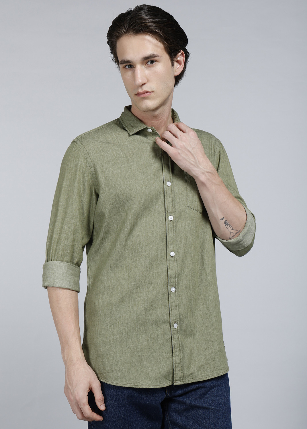 Image of Allen Solly Men Self Design Formal Green Shirt