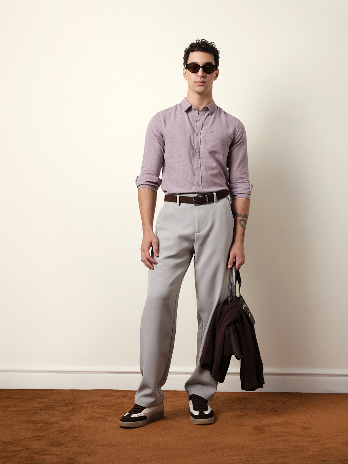 Image of THE BEAR HOUSE Men Self Design Casual Purple Shirt