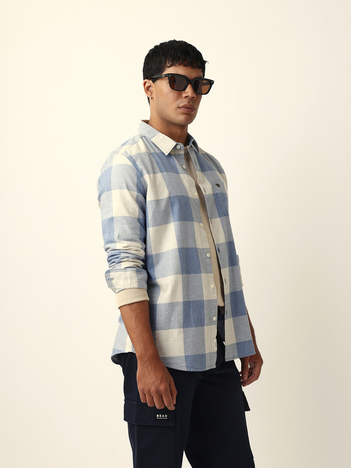 Image of THE BEAR HOUSE Men Checkered Casual Blue Shirt