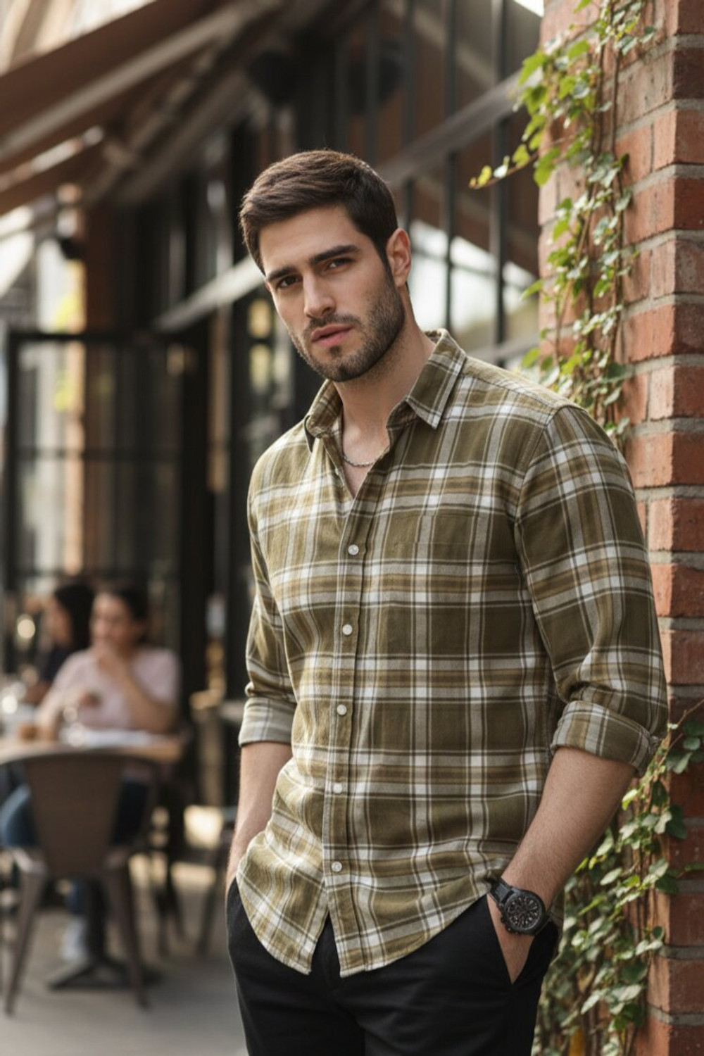 Image of Roadster Men Checkered Casual Khaki Shirt