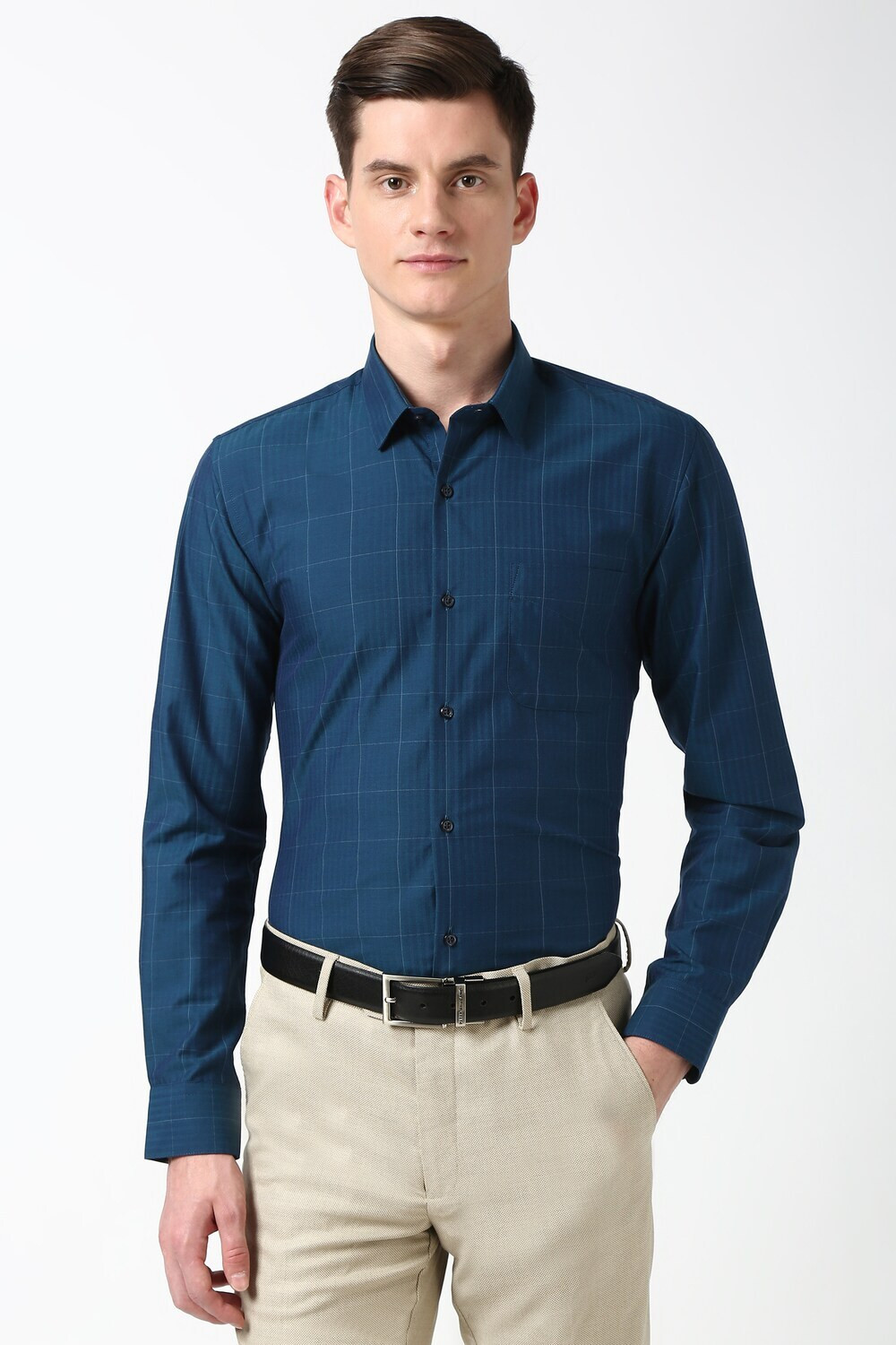 Image of PETER ENGLAND Men Checkered Formal Blue Shirt