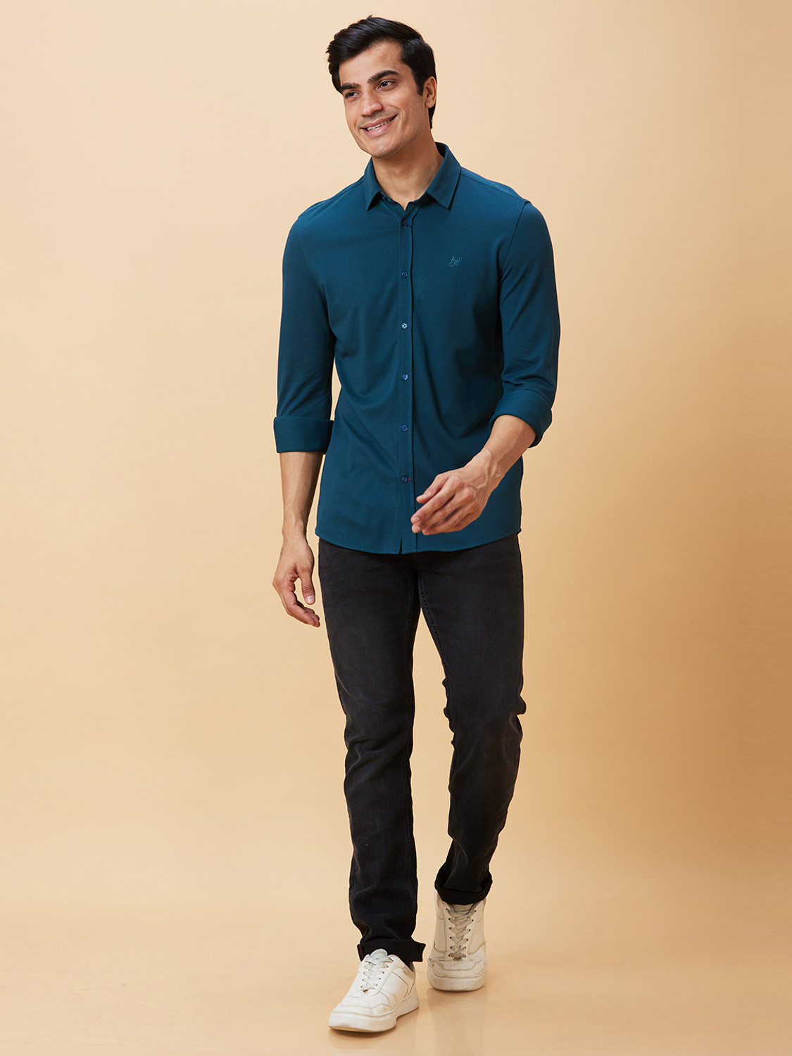 Image of BEING HUMAN Men Solid Casual Dark Blue Shirt