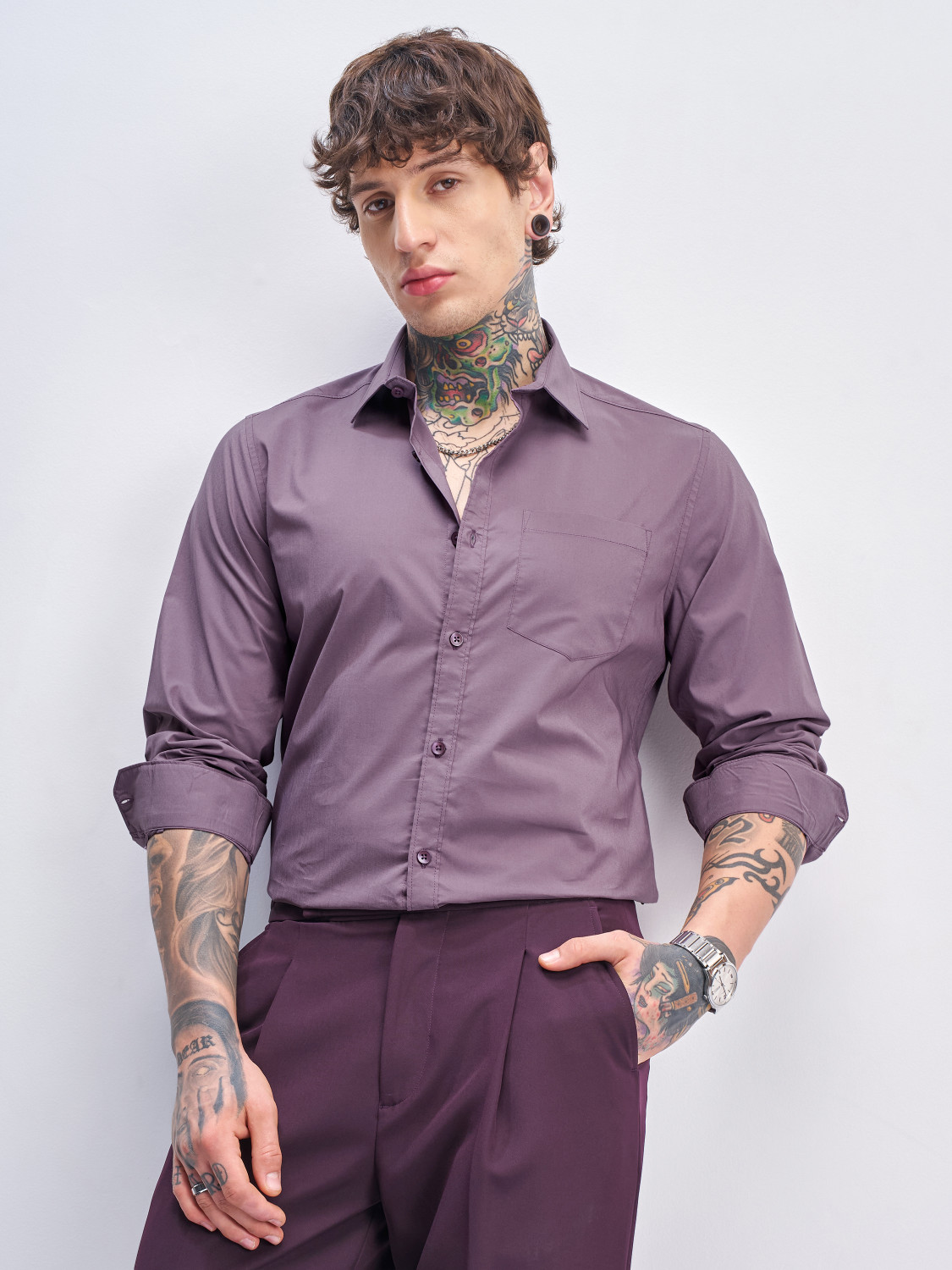 Image of HIGHLANDER Men Solid Casual Purple Shirt
