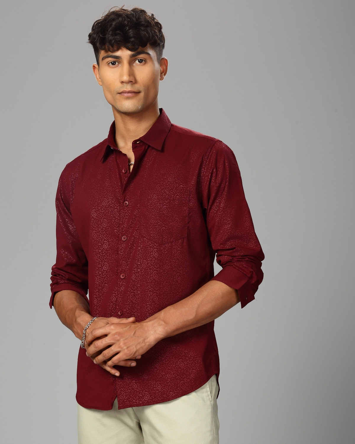 Image of British Club Men Floral Print Casual Maroon Shirt