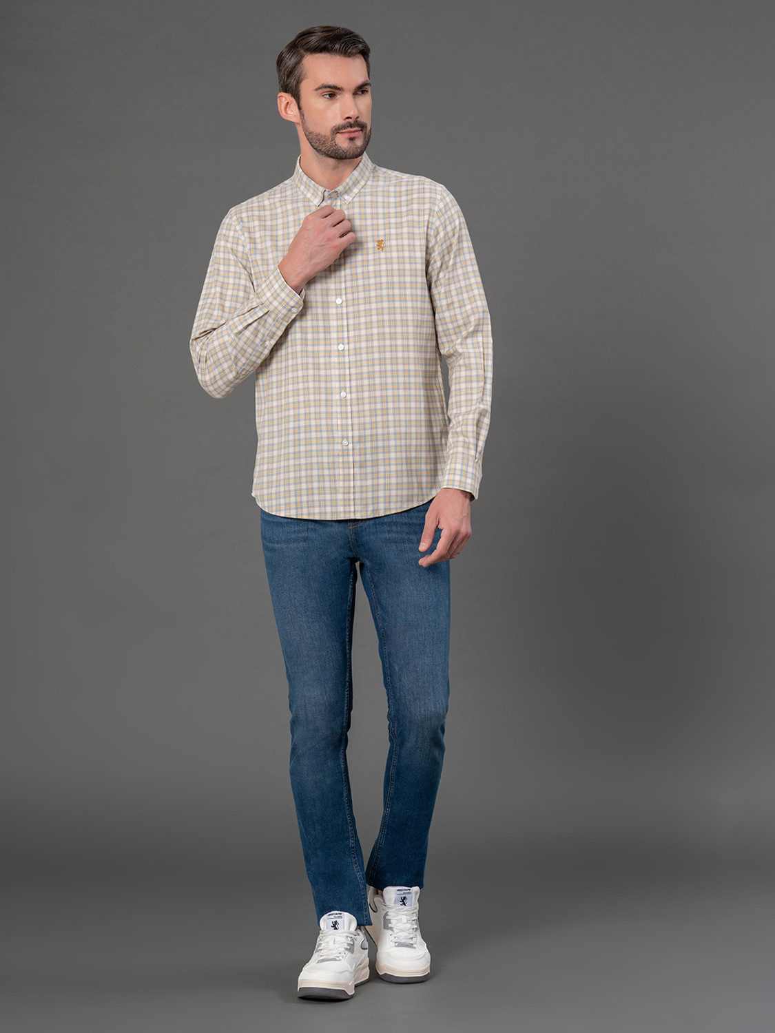 Image of RED TAPE Men Checkered Casual Beige Shirt