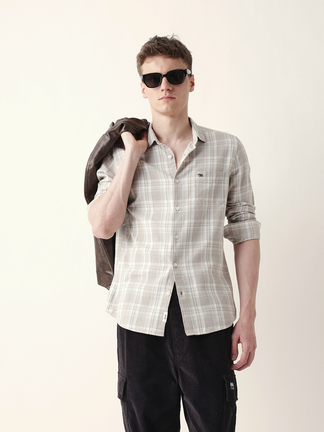 Image of THE BEAR HOUSE Men Checkered Casual Beige Shirt