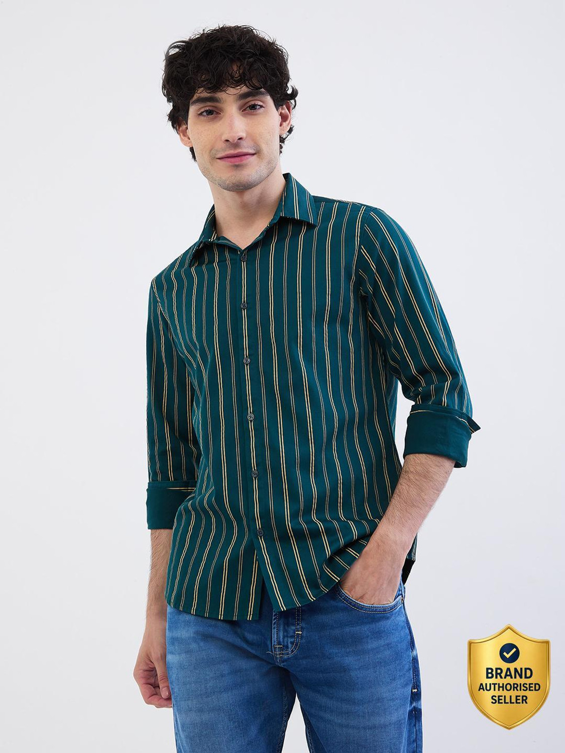 Image of Spykar Men Striped Casual Green Shirt