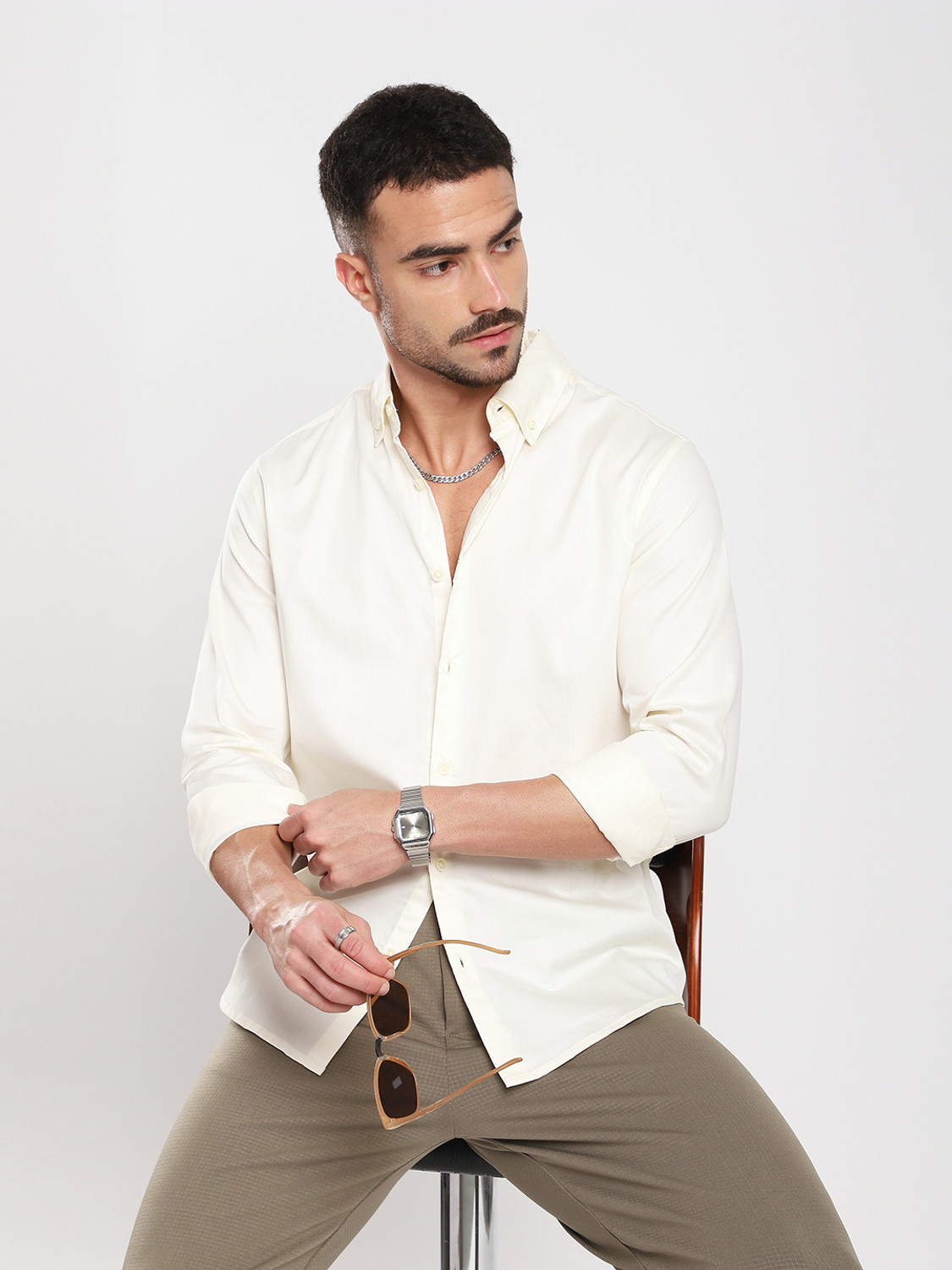 Image of VASTRADO Men Solid Casual Cream Shirt