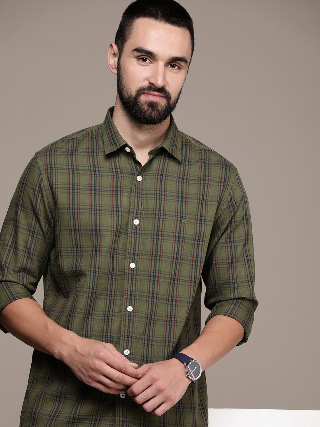 Image of NAUTICA Men Checkered Casual Green, Red, Dark Blue Shirt