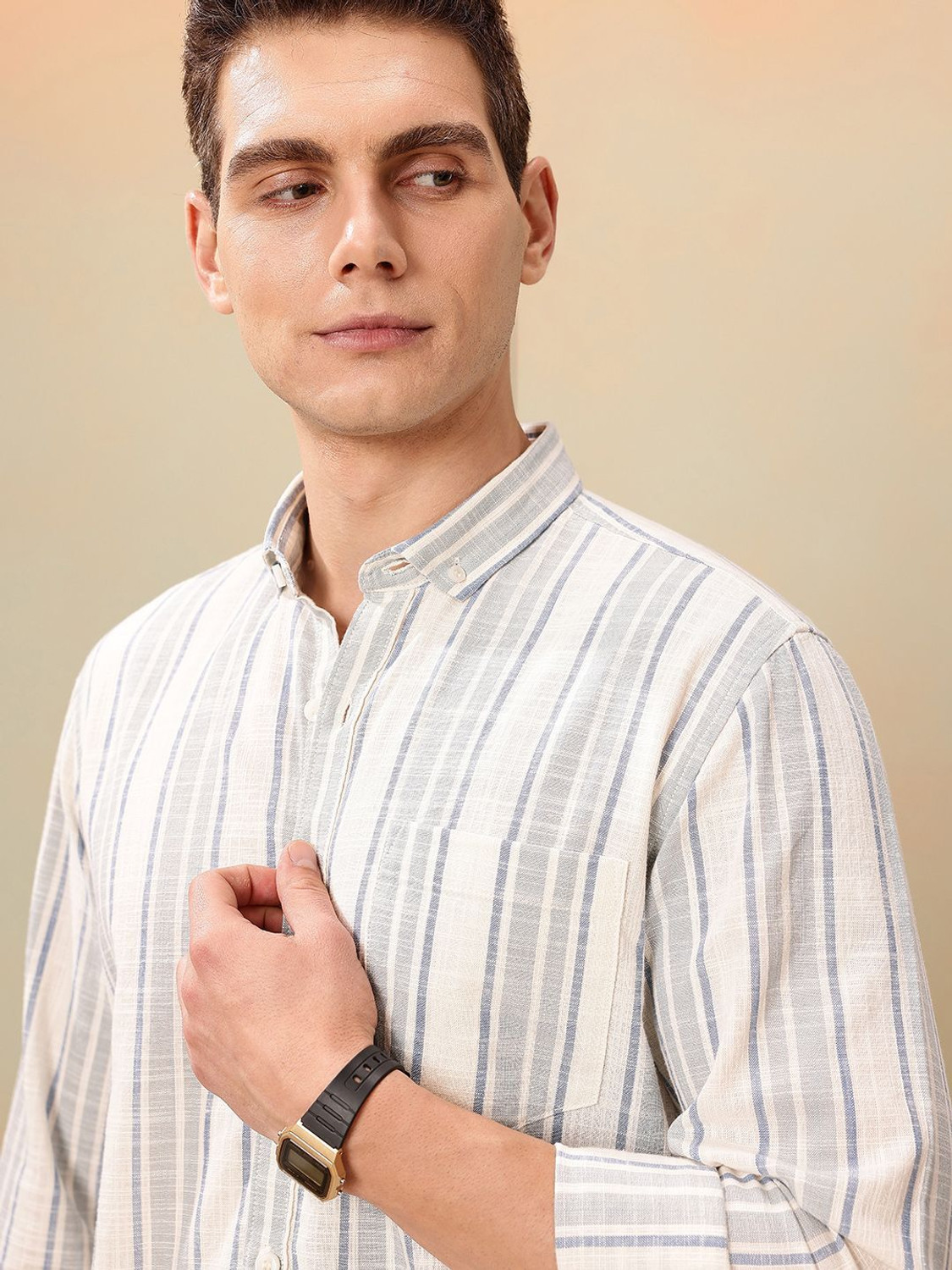 Image of Mast & Harbour Men Striped Casual White Shirt
