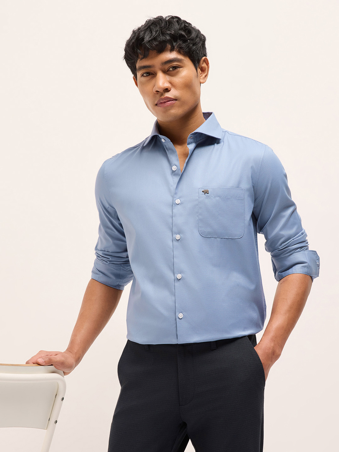 Image of THE BEAR HOUSE Men Solid Formal Blue Shirt