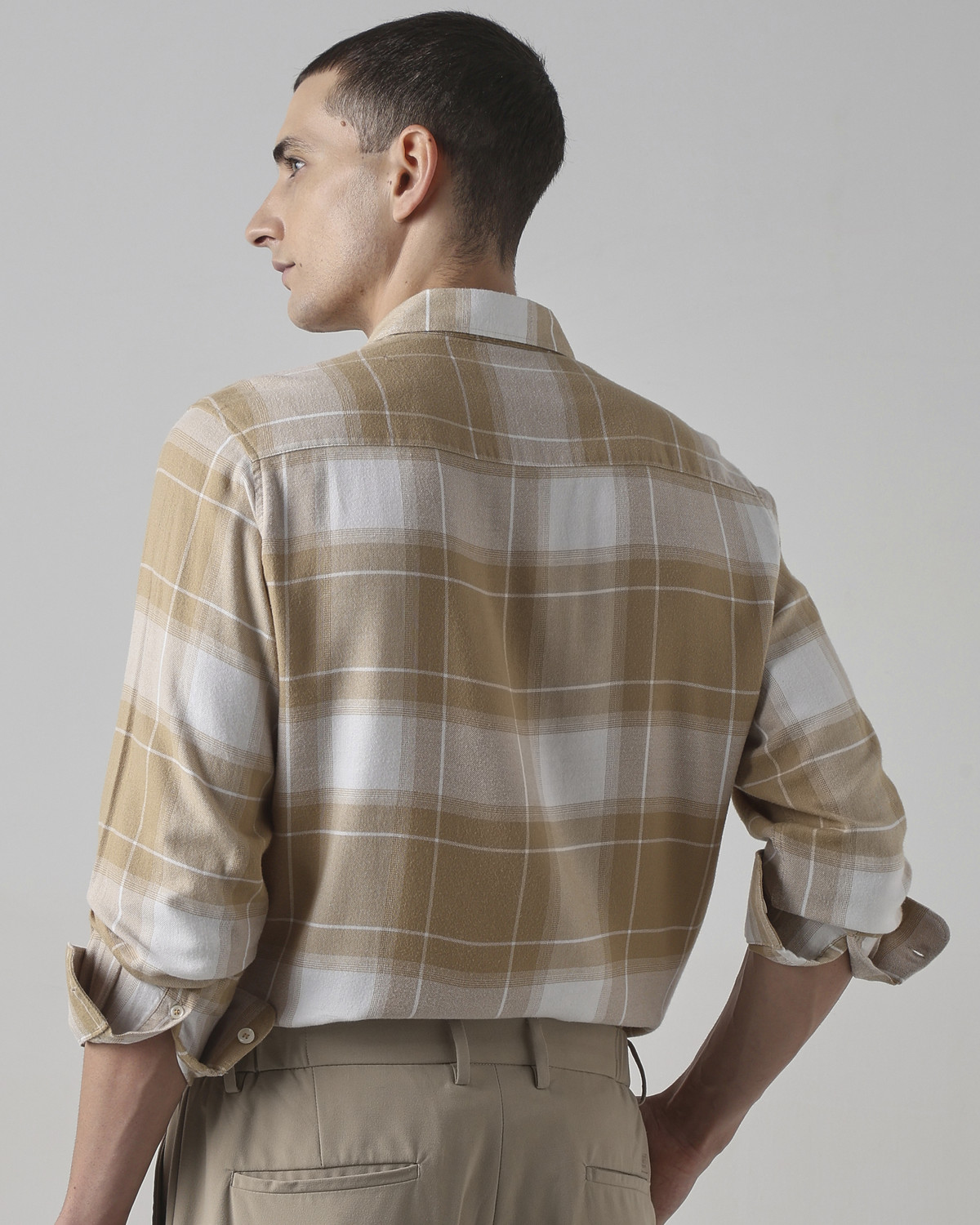 Image of MUFTI Men Checkered Casual Beige Shirt