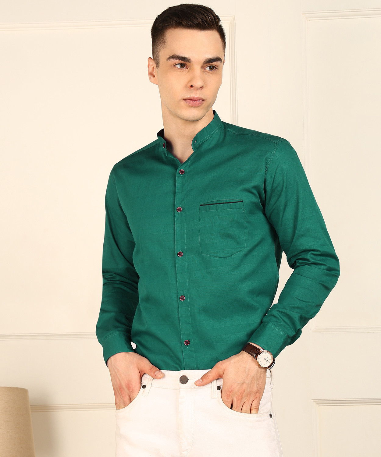 Image of FUBAR Men Self Design Casual Dark Green Shirt