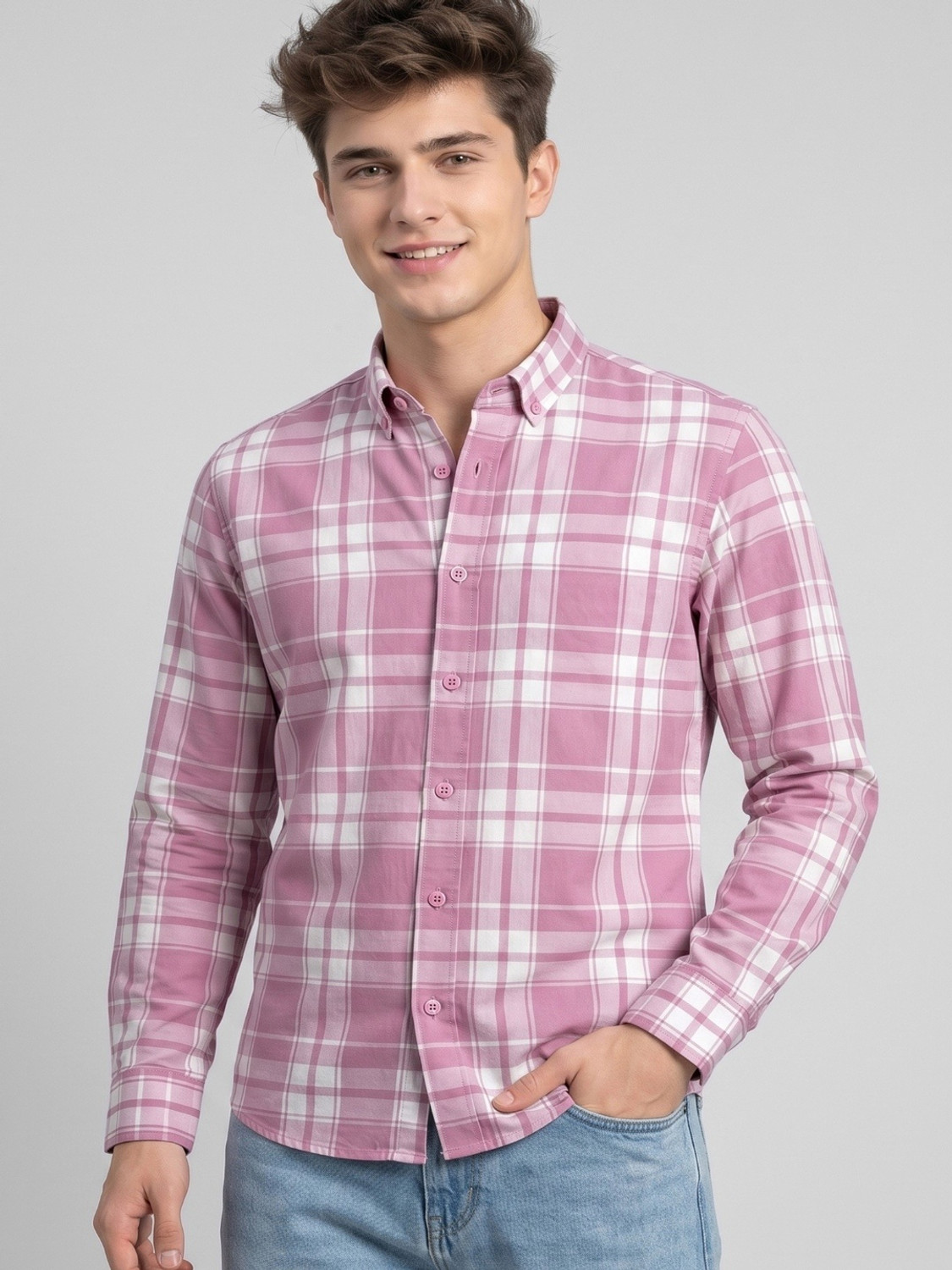 Image of Shimak International Men Checkered Casual Blue, Pink Shirt