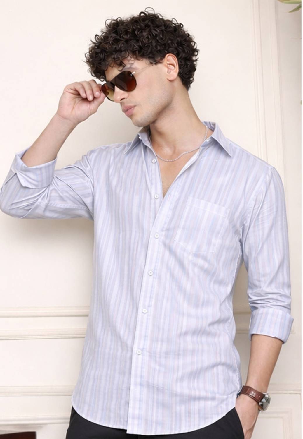 PROVOGUE Men Striped Light Blue Shirt - Image 1