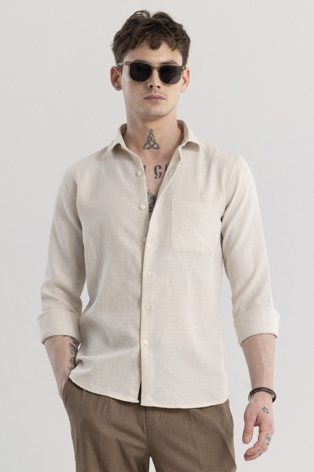 Image of Snitch Men Solid Casual Beige Shirt