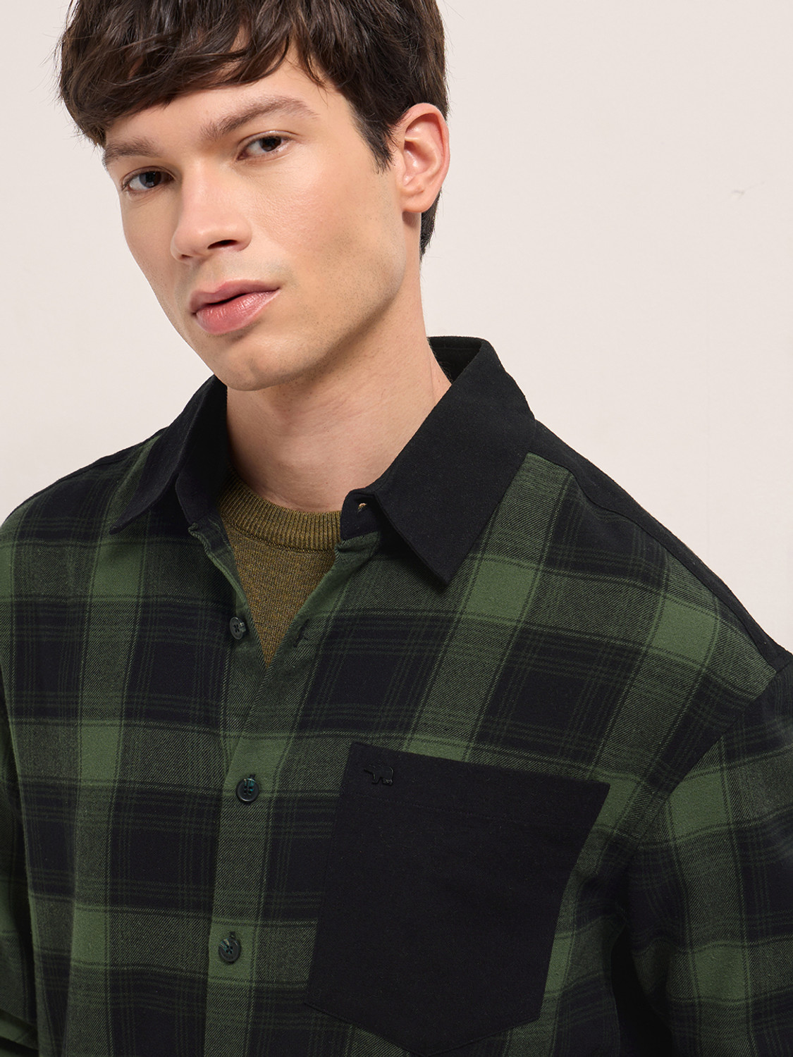 Image of THE BEAR HOUSE Men Checkered Casual Green Shirt