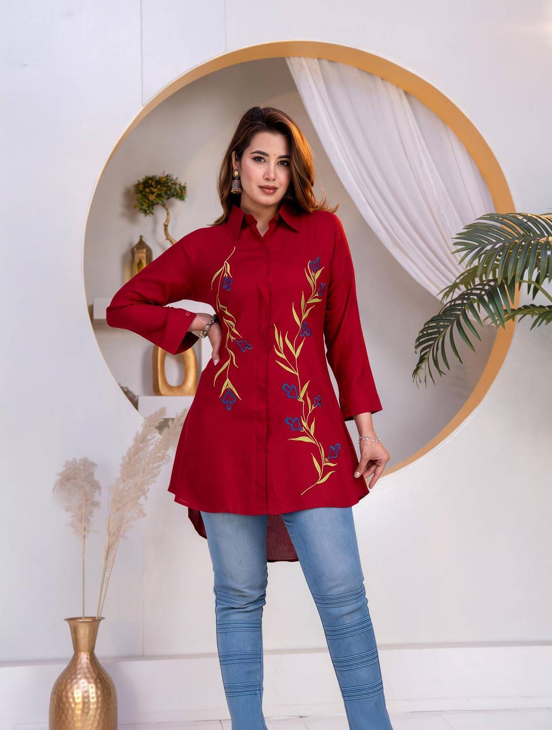 Myorica Women Embroidered Casual Maroon Shirt