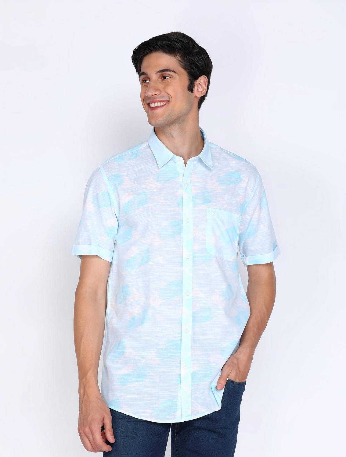 Image of PETER ENGLAND Men Printed Casual Blue Shirt