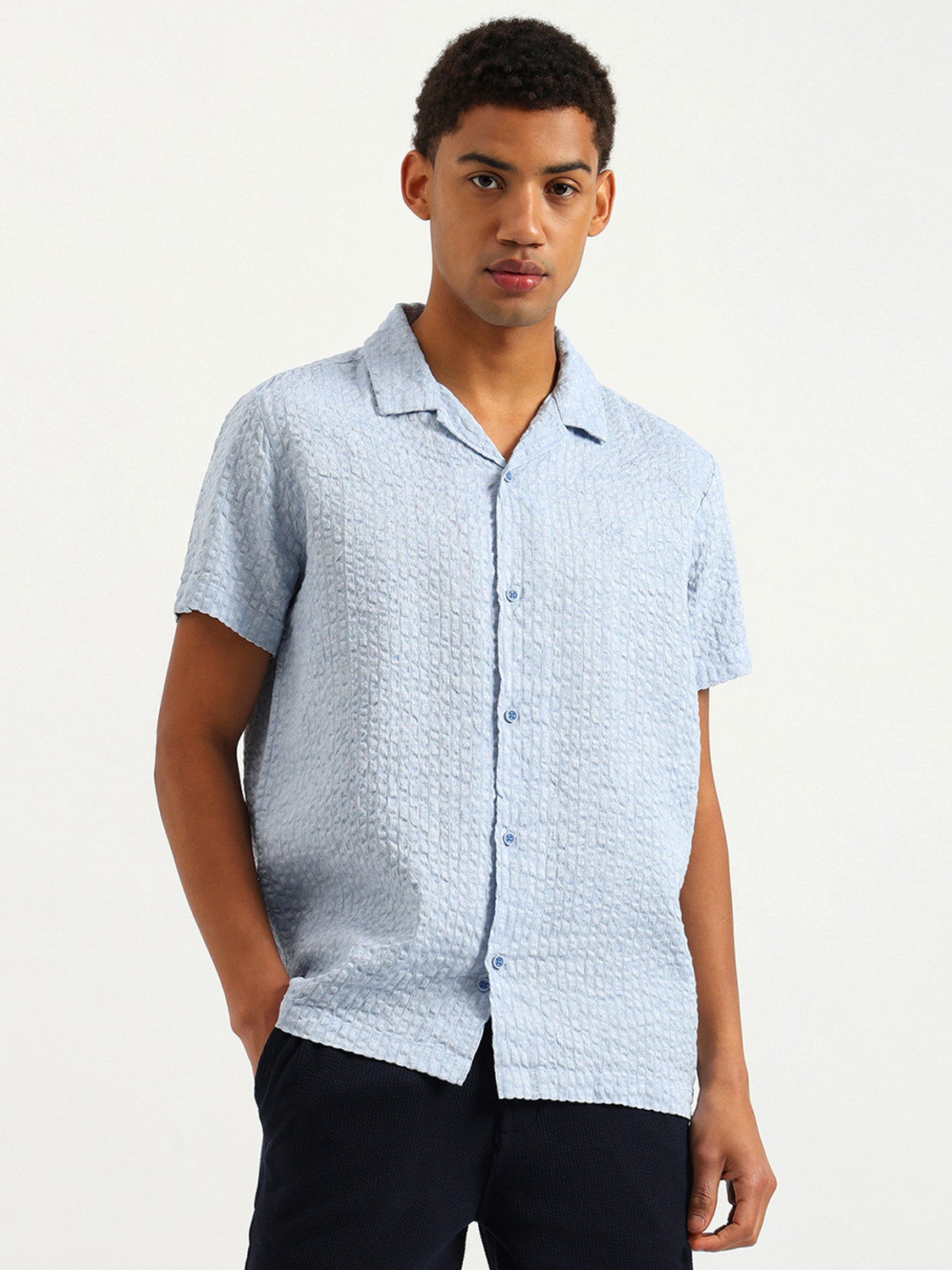 Image of United Colors of Benetton Men Self Design Casual Blue Shirt