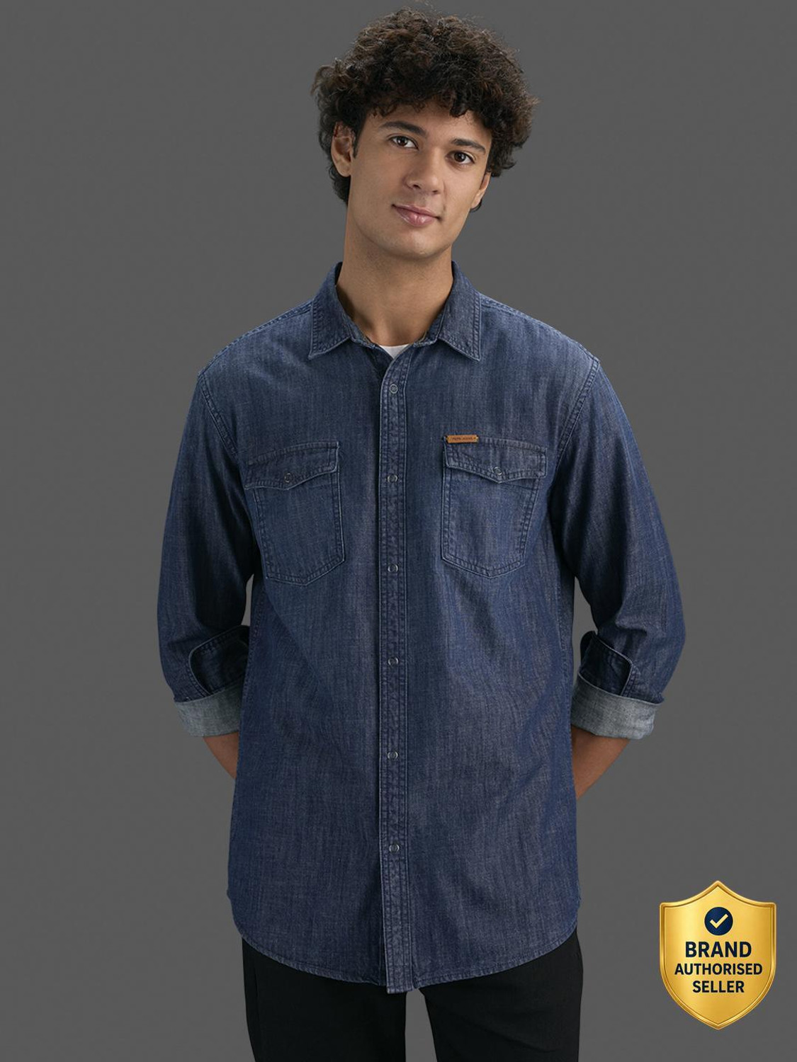 Image of Pepe Jeans Men Washed Casual Blue Shirt