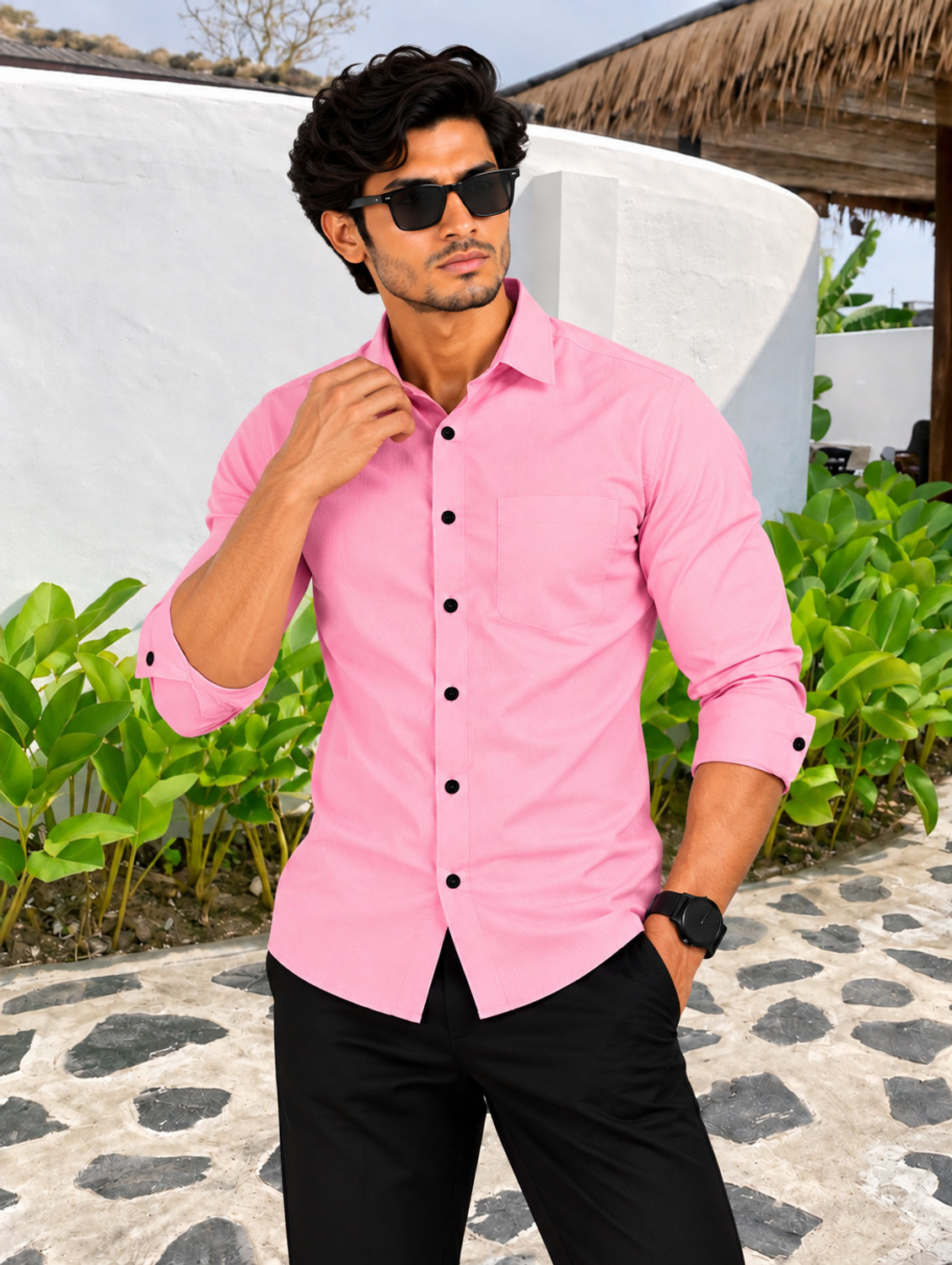 Image of DADA Men Regular Fit Solid Spread Collar Formal Shirt