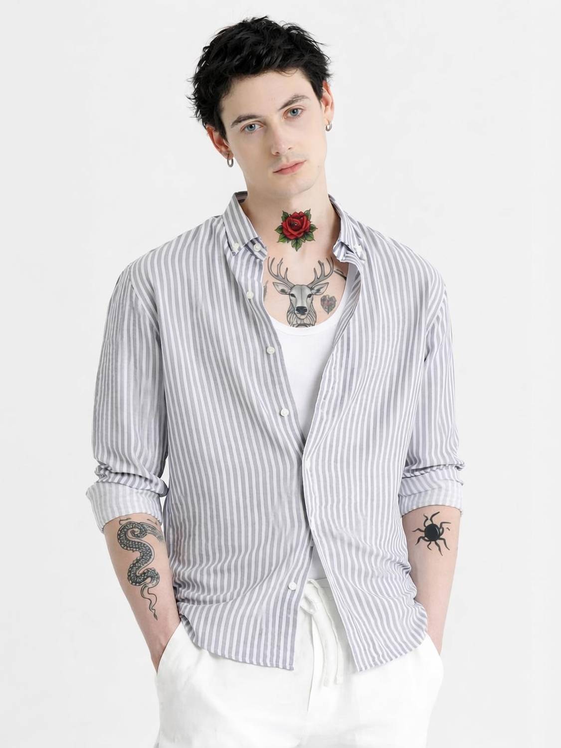 CAMBREEN Men Striped Casual Grey, White Shirt